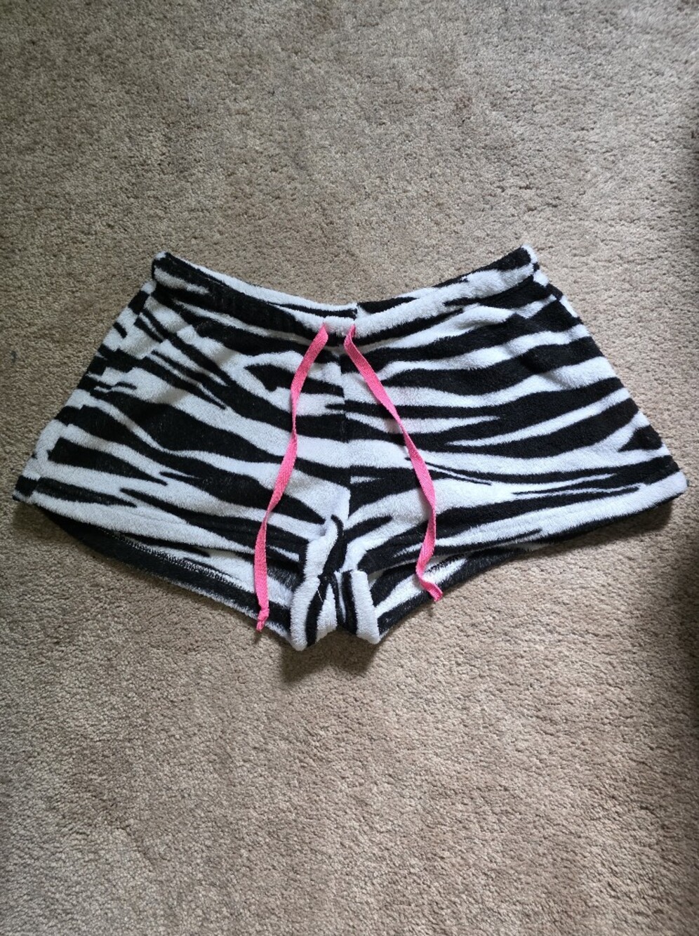Deb Zebra Print Fuzzy Pajama Shorts with Pink Drawstring